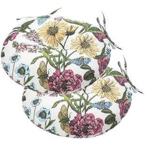 Bistro Chair Cushions 15 inch,Set of 2,Tufted Round Chair Cushions with Ties,15"x15"x4",Water Resistant Round Seat Cushion for Barstool Chairs,Patio Garden Kitchen Outdoor Furniture(Butterfly Flower)