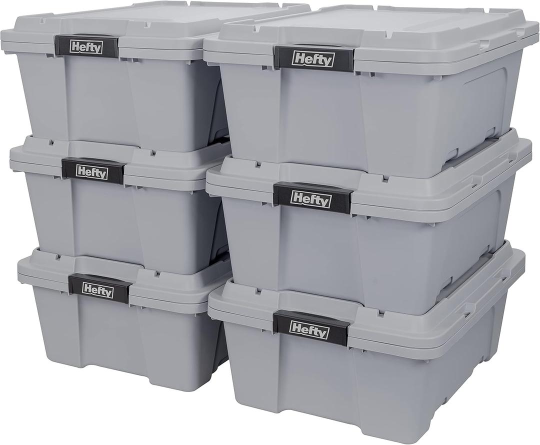 Hefty MAX Pro 12 Gallon Storage Bins with Latching Lids, Stackable Bins, 6 Pack Gray Utility Containers for Garage and Outdoor Gear (Alloy Gray)