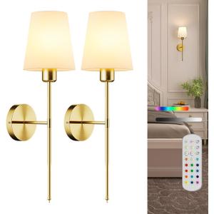Battery Operated Wall Sconce Set of 2,Rechargeable Wall Lights with Dimmable Detachable Bulbs and Remote,15 Colors Wireless Wall Lamps for Bedroom Living Room Hallway,Gold(2 Pack)