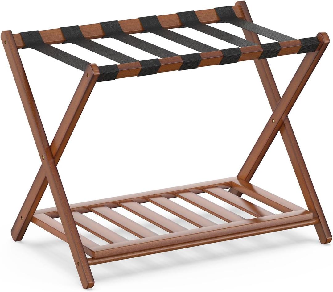 Bamboo Luggage Rack for Guest Room, Wide Suitcase Stand with Storage Shelf, Folding Luggage Stand Holder for Bedroom Hotel, 26.77" Thickened Luggage Rack for Suitcases, Brown