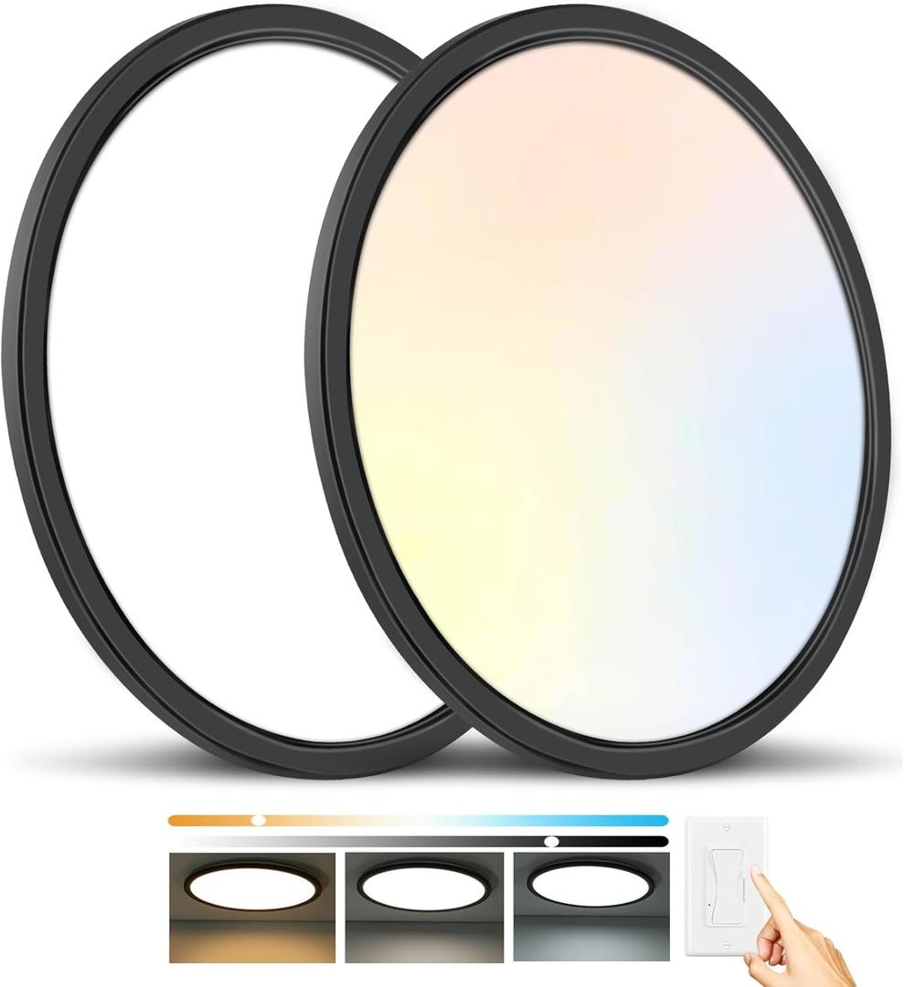 3200LM Flush Mount Ceiling Light Fixtures Black 12Inch, Dimmable LED Ceiling Lights for Bedroom, CCT Adjustable 3000K 4500K 6000K, Bright Low Profile Flat Ceiling Lights for Kitchen Bathroom, 2 Packs