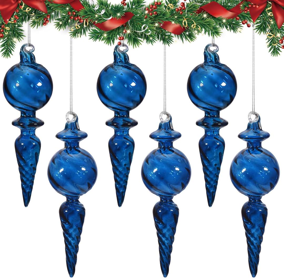 6PCS 6-Inch Hand-Blown Glass Finial Christmas Tree Hanging Ornaments -Large Elegant Clear Glass Vintage Holiday Decorations for Tree, Mantel, Party - Luxury Handmade Seasonal Dcor(Blue)