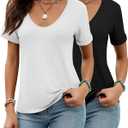 Riyiper 2 Pcs Women's Tops, Deep V Neck Short Sleeve Tops Casual Solid Loose T Shirt Summer Tees for Women (L)