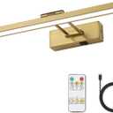 Wireless Picture Light Battery Operated with Remote LED Art Lights for Paintings Rechargeable Dimmable 15.7" Brass Lights Over Pictures on Wall Gold with Swing Arm for Display