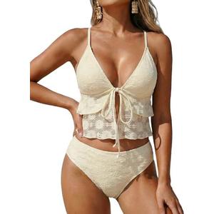 ZAFUL Womens Mesh Tankini Swimsuits Flowy Two Piece Bathing Suit V Neck Layered Ruffle Tie Front High Cut Cheeky Swimwear, Size XL