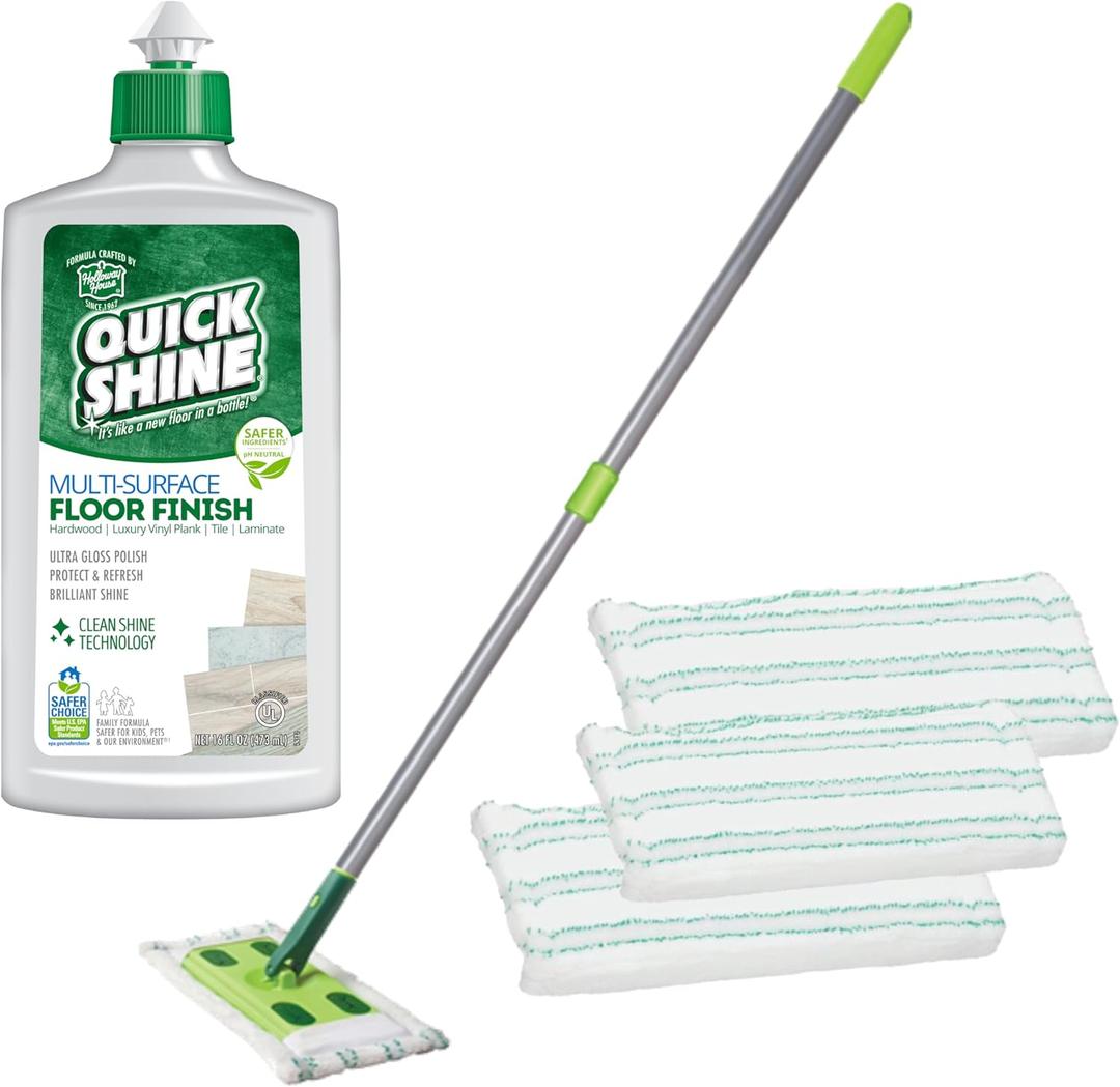 Quick Shine Multi Surface Floor Clean + Polish Mop Kit w/ 3 Reusable Pads & 1-16 oz. Floor Finish | Use Wet + Dry | Hardwood, Luxury Vinyl Plank, Laminate | Safer Choice pH Neutral Formula