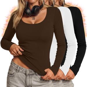 Ficerd 3 Pack Women's Thermal Long Sleeve Shirts Fleece Lined Scoop Neck Stretch Fitted Tops Winter Base Layer Underwear (Large, Black, White, Dark Coffee)