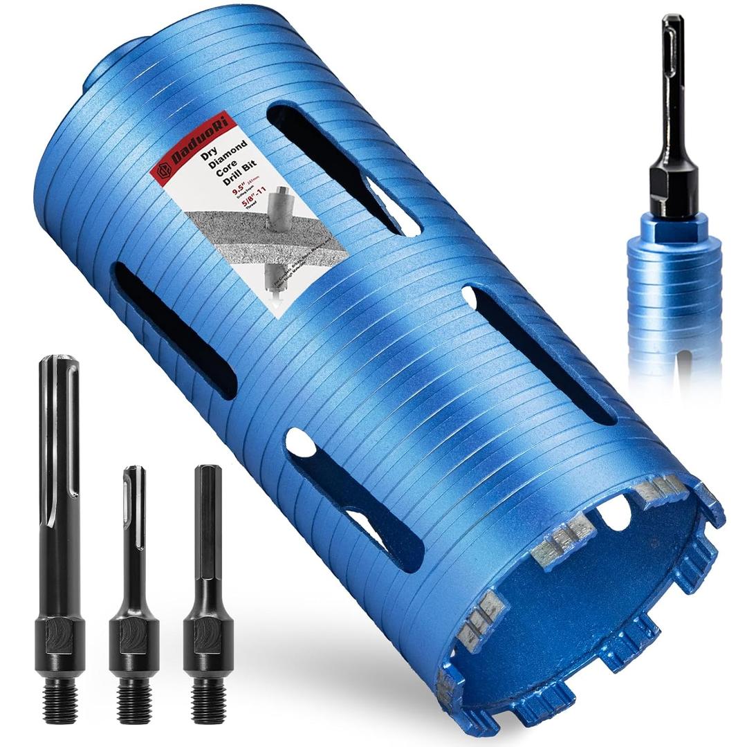 4 1/2" Dry Core Drill Bit, 5/8"-11 Thread, with 3 Adapters Included: SDS Plus, SDS Max and 1/2" Hex Shank; 9.5" Drilling Depth Diamond Core Bits for Brick, Block, Concrete, Stucco, Masonry