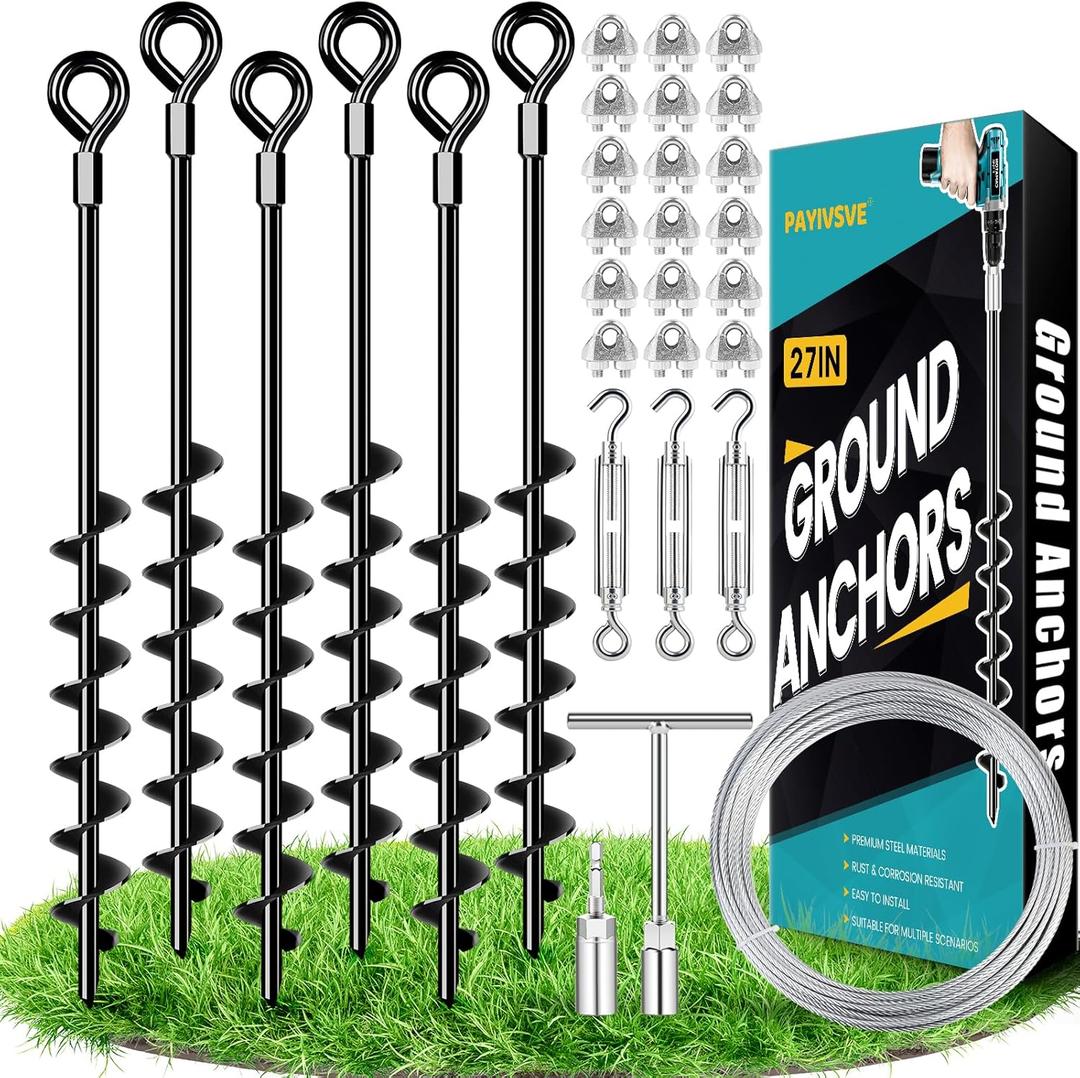 27" Ground Anchors Heavy Duty Shed Anchors Kit, Mobile Home Anchor with 3/16" Galvanized Cable and Turnbuckles for Sheds Canopy Gazebo Trampoline Swing Set(6x27in)