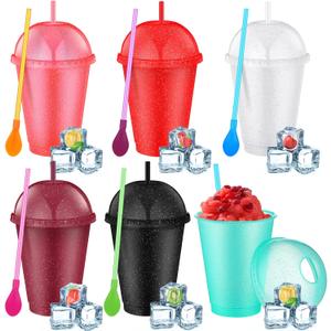 6 Set Slushie Cups with Dome Lids and Straws Detachable Spoon Straws Reusable Plastic Iced Coffee Cups Smoothie Tumbler for Birthdays Summer Party Supplies(Multi Color,16 oz)