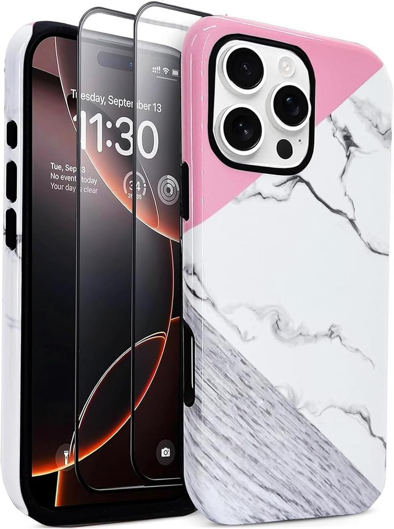 J.west for iPhone 13 Pro Max Case with 2 Pack Tempered Glass Screen Protectors Modern Abstract Geometric Phone Case Hybrid PC+TPU Slim Shockproof Phone Cover for Women Girls White Pink