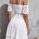 Women's Lace Flowy A Line Short Dresses Cold Shoulder Puff Sleeve Elegant Summer Dress (White, L)