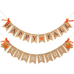 Blulu 2 Pcs Thankful Burlap Banner Happy Fall Thanksgiving Wall Banner for Mantle Pumpkin Maple Leaf Garland Rustic Thanksgiving Fireplace Decoration Harvest Outdoor Home Office Hanging Decor