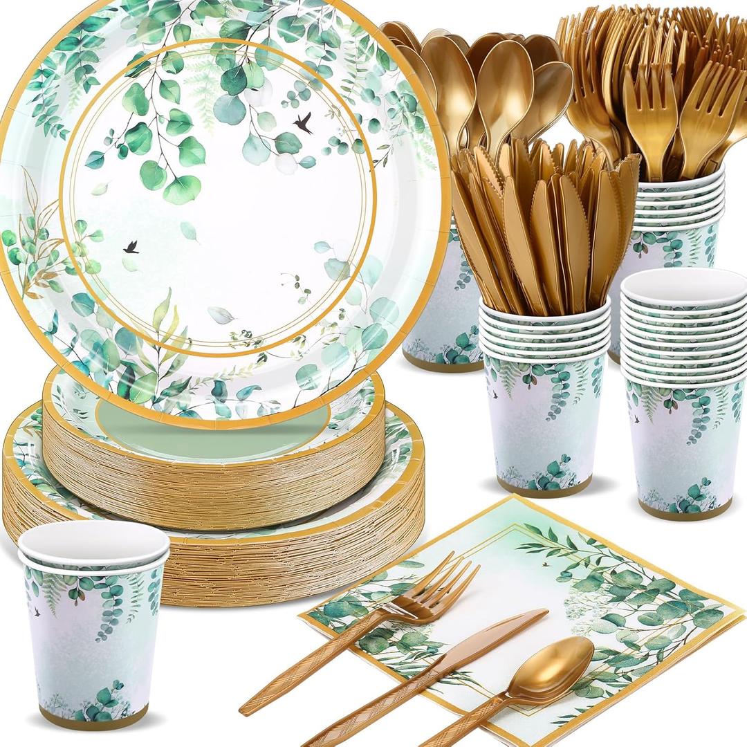 350 Pcs Tea Party Supplies Spring Summer Sage Green Tableware Set Disposable Plates Napkins Paper Cups Plastic Cutlery Set for Birthday Bridal Baby Shower Serves 50