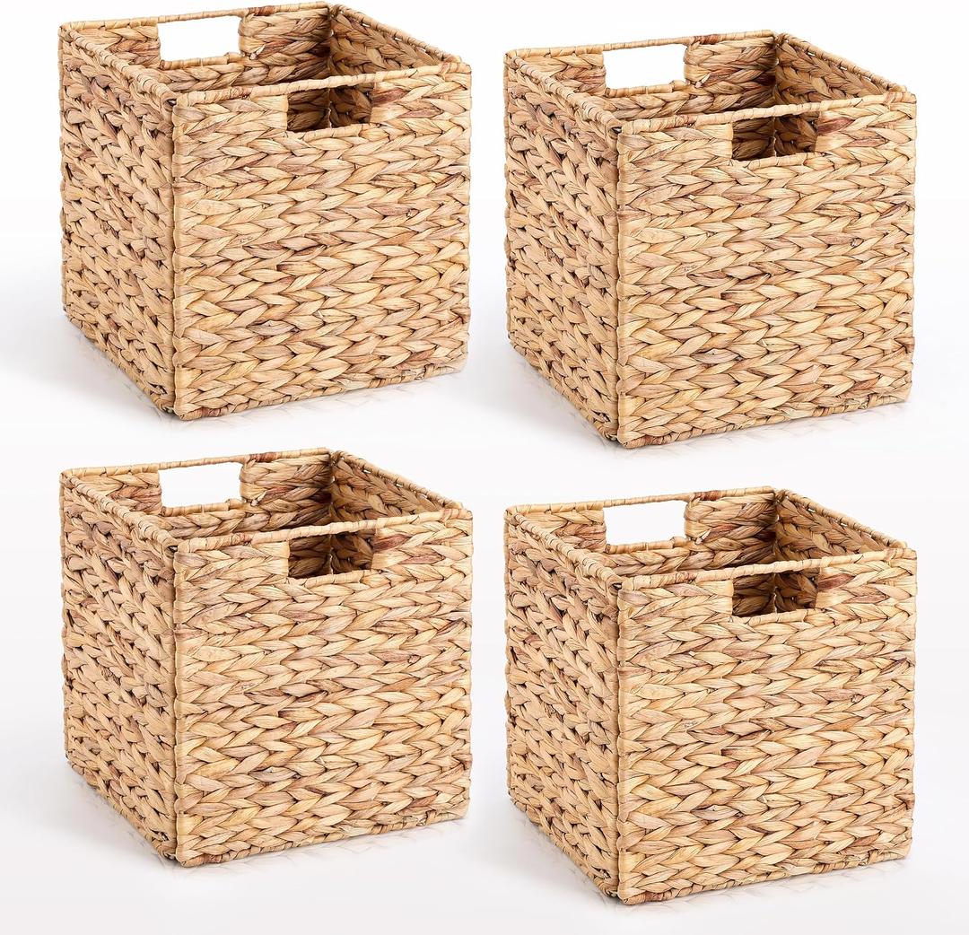 10.5 x 10.5in Wicker Storage Baskets, Cube Foldable Water Hyacinth Storage Baskets for 11 x 11 Cube Shelves Set of 4