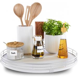 13" Lazy Susan Turntable Organizer for Table Top, Round Wooden Lazy Susan for Cabinet Kitchen Decor Centerpieces Coffee Table, Storage Condiments Spices, Bathroom Vanity Tray for Soap, White