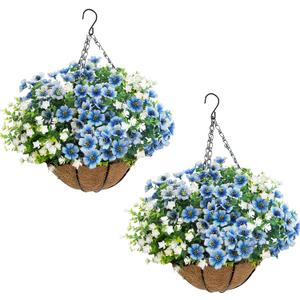 Artificial Hanging Flowers Basket for Outdoors, Faux Hanging Basket with Fake Flowers, UV Resistant Outdoor Hanging Plants for Porch Patio Garden Balcony Decor, White + Blue-White