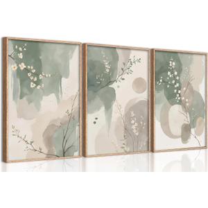 3 Piece Watercolor Botanical Canvas Wall Art Sage Green Beige Prints Painting Picture Wall Decor Modern Zen Floral Poster Print Artwork for Dining Bedroom Living Room Office Home Decoration, 24"L x 16"W