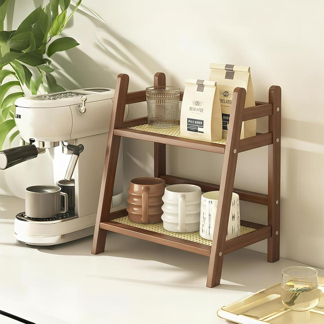 Narrow Mug Holder Countertop, 2 Tier Tea and Coffee Bar Station Organizer, Bamboo Matcha Stand, Cup Display Shelf, Condiment Storage Rack for Kitchen Counter Cabinet, Brown (10.6in)