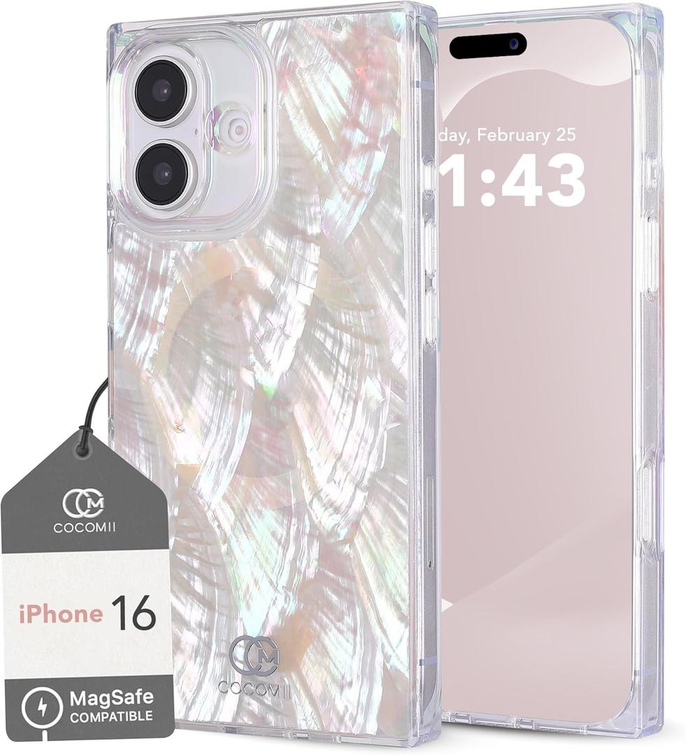 Cocomii - Rectangle Case Compatible with iPhone 16 - Compatible with MagSafe, Real Mother of Pearl, Opalescent Seashell, Glossy, Magnetic Phone Case for iPhone 16 6.1 inch, Iridescent