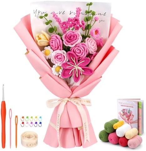 Iuuidu Crochet Kit for Beginners, Rose-Pink Flower Bouquet Crochet Kit, Knitting Kit with Step-by-Step Video Tutorials for Woman Birthday Anniversary Day Weddings Party Present, Home Decor