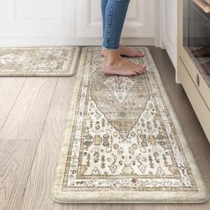 Collive Boho Kitchen Mats for Floor 2 Piece, Cushioned Anti Fatigue Kitchen Floor Mat Non-Skid Waterproof Under Sink Mat, Taupe Comfort Standing Desk Mat for Office, Home & Kitchen, 17"x30"+17"x47"