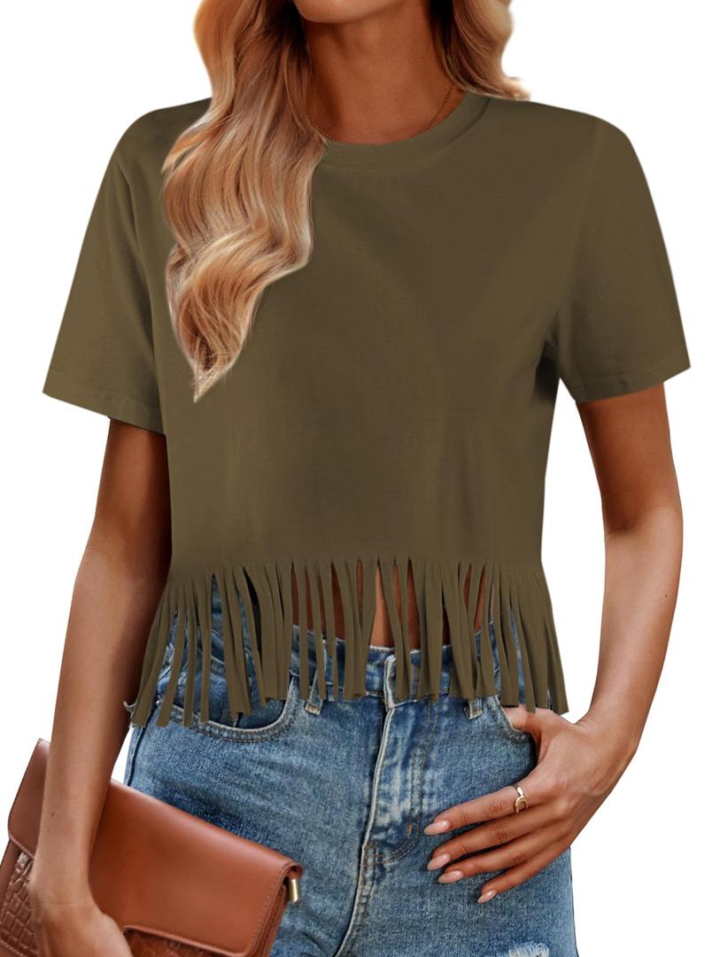 Remidoo Fringe Tops for Women Short Sleeve Crop Top T Shirt Western Cowgirl Cropped Tee Solid Green Small (Green, S)