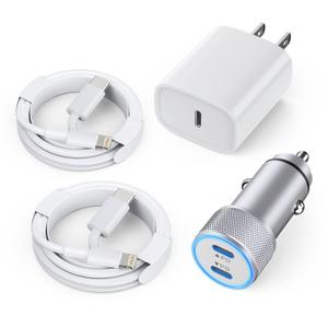 iPhone Car Charger,Dual Port USB C Fast Car Chargers,40W Type C i Phone Charger for Cars Quick Charging+2pack 3.3ft Lightning Cable + 20W USBC PD Plug Fast Charging for iPhone 14/13/12/11 Pro Max/iPad