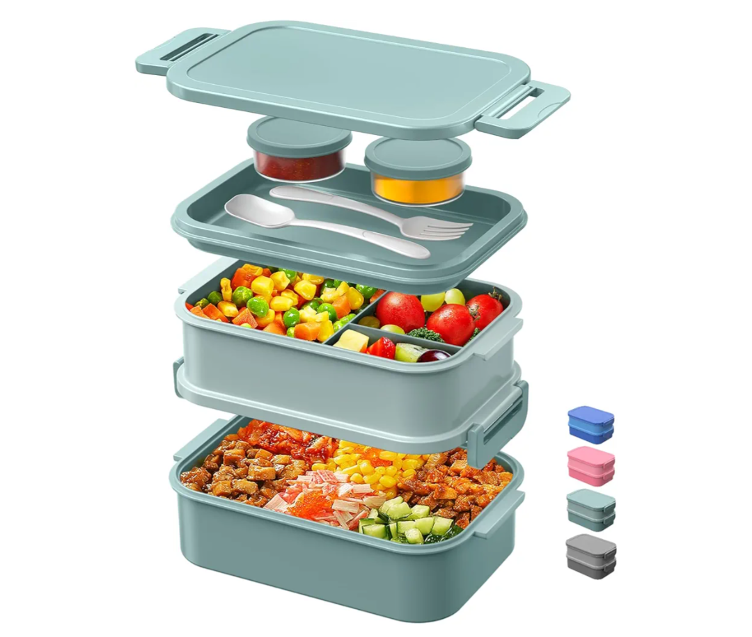DaCool Lunch Box Adults Bento Box 74 OZ All-in-One Stackable Lunch Box Containers for Adult Large Bento Box with Fork Spoon Sauce Boxes, Leakproof Lunchbox for Work School Dining Out, Morandi-Green