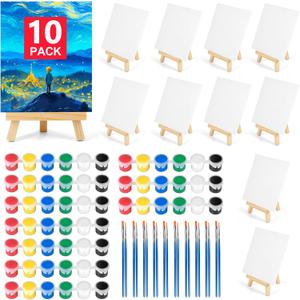 Pomaylor 10 Pack 5x7In Canvas Boards for Painting, Mini Canvases with Easels Set, Drawing Kits for Adults Party with Acrylic Paint, Canva, Easel, Brushes