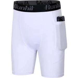 Runhit Youth Boys' Compression Shorts,Boys Performance Athletic Base Layers Underwear Sports Shorts Side Pocket (White, L)