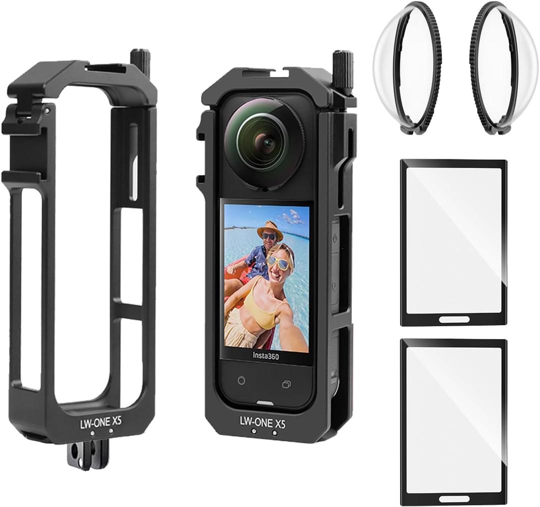 Insta 360 X5 Aluminum Frame Cage Case Bag Premium Glass Lens Guard Set Screen Protector for Insta360 X5 X 5 Accessories Kit Anti-Scratch Metal Shell Protective Film Cover (Black)