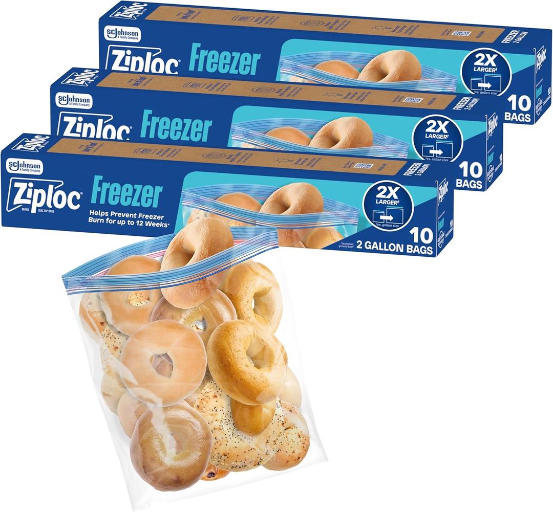 Ziploc Two Gallon Food Storage Freezer Bags, 30ct Total, Easy Open and Close, 10 Count, Pack of 3