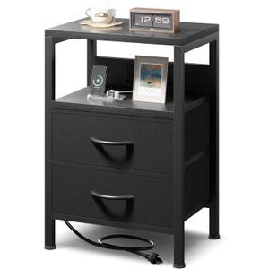 NightStand Bedside Charging Table Bedroom - Night Stand with Charger Station, Modern Nightstand with Open Shelf & 2 Fabric Drawers, Bed Side Table with USB-C USB Ports & AC Outlets for Dorm, Black