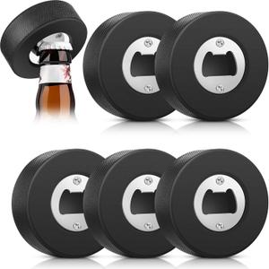 Nuogo 6 Pcs Ice Hockey Puck Bottle Openers 2.95 x 0.98 Inches Stainless Steel Beer Bottle Openers Hockey Christmas Father's Day Gifts for Men Bartenders Players (Black)