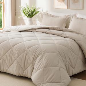 JOLLYVOGUE King Size Comforter Set, Soft Reversible Bedding for All Seasons, 3 Pieces Down Alternative Bed Set Includes 1 Lightweight Comforter (104"x90") and 2 Pillow Shams (20"x36"), Beige & Ivory