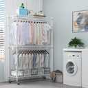 Homdox 3 Tier Heavy Duty Garment Rack with Wheels, Adjustable Wire Clothes Rack with Double Hanging Rods, Portable Closets for Hanging Clothes with Side Hooks, White
