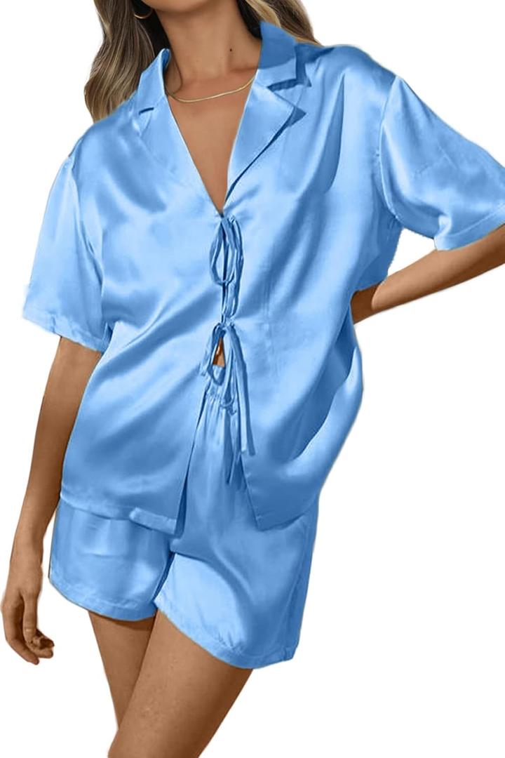 CHYRII Women's Silk Satin Pajamas Sets Tie Front Short Sleeve Tops and Shorts Two Piece Pj Sets Sleepwear (Blue, L)
