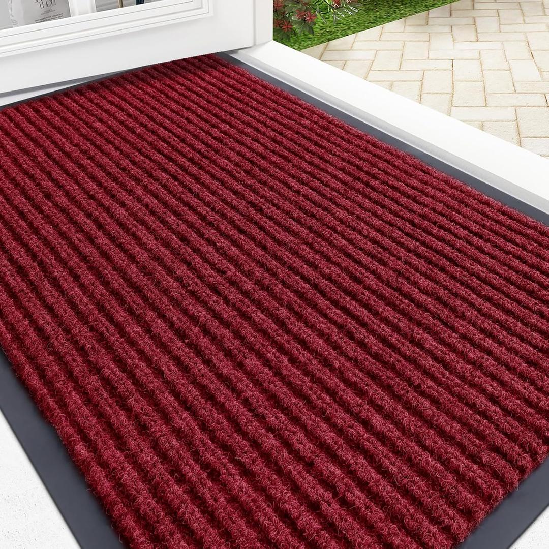 Olanly front door mat indoor outdoor entrance water proof heavy duty door mat fad resistant low profile easy clean patio porch welcome floor mat for entryway 33x21 red wine