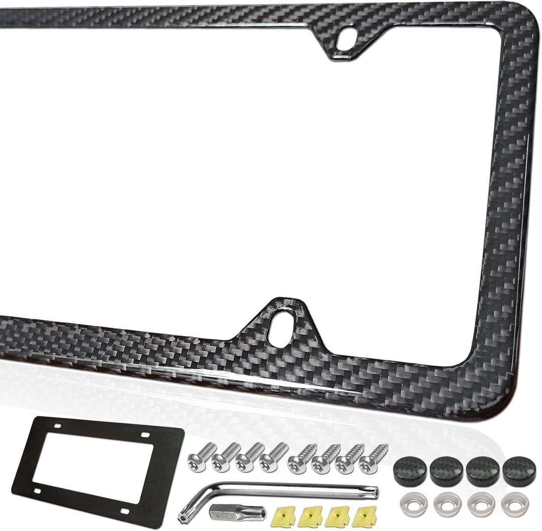 FBJTDQ Carbon Fiber License Plate Frame- Stainless Steel Car Tag Holder Wrapped with Real Carbon Fiber, 4 Hole Slim Design, Anti-Theft Screws Caps, Rattle-Proof Pad, 1 Pack for Front or Rear