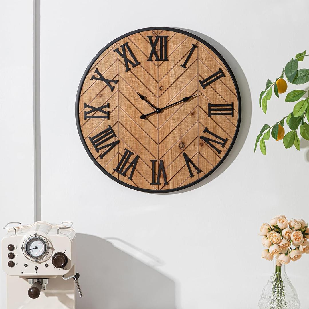 Kenning Farmhouse Wall Clock for Living Room Decor, Rustic 24'' Wall Clock | Large Decorative Wall Clock with Brown Wooden Face & Black Metal Frame, Silent Battery Operated for Kitchen Bedroom Entryway