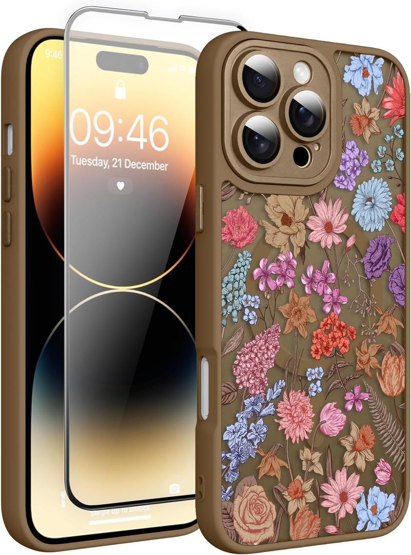 Magnetic for iPhone 14 Pro Case with Screen Protector, Brown Flower | Pretty Flower Floral Pattern Design [Compatible with MagSafe] [Full Camera Protection] Shockproof Slim Cover for Women Girls