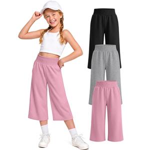 YooAurvox 3 Pack Girls Capri Pants with Pockets,Wide Leg Cropped Casual Pants with Elastic Waist for Little & Big Girls 5-14(Pink, Light Heather Gray, Black,9-10 Years)