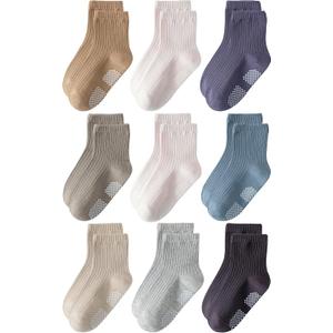 Toddler Grip Socks Non Slip Crew Cute Seamless Cotton Socks for Baby Boys Girls Infants Kids 9 Pairs (3-12 Months, Multicolor)