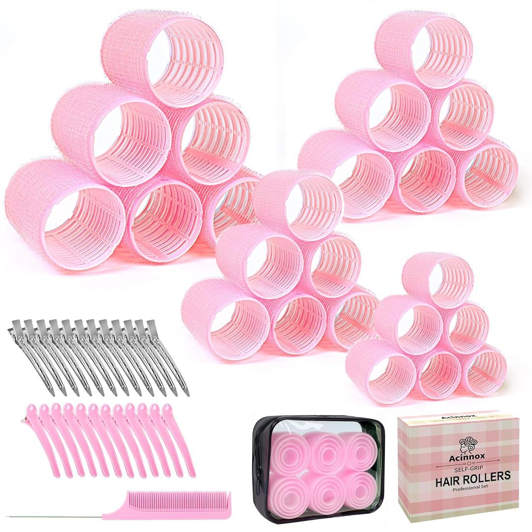 4 Sizes Self-Grip Hair Rollers Set with Clips - 4 Sizes for Long, Short Hair & Bangs (25mm, 36mm, 48mm, 60mm), (Pink, 4 Sizes)