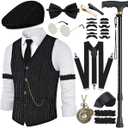 1920s Mens Costume Roaring 20s Costumes Accessories Set 1920s Vest Suspenders Hat Pocket Watch Tie (Black, L)