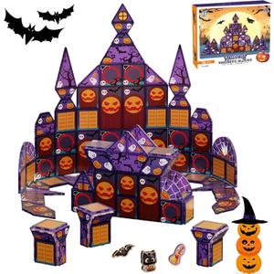 68 Pcs Halloween Magnetic Tiles Building Blocks Set for Kids - Includes Pumpkin, Spider, Witch, More. Preschool Sensory Stacking Magnetic Blocks, Montessori STEM Educational Construction Toy (Ages 3+)