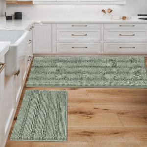 H.VERSAILTEX Bathroom Rugs Bath Mats Sets Super Absorbent Chenille Striped Bath Mats Non Skid Machine Wash Dry Rugs for Bathroom Floor Set of 2(Sage, 47 x 17 Plus 17 x 24 - Inches)