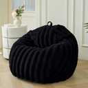 MEGO Fluffy Faux Rabbit Fur Bean Bag Chair Cover(No Filler), Luxury Plush Fuzzy Striped Stuffed Animal Storage Beanbag, 3FT Large Furry Ribbed Floor Lounger for Bedroom Living Room, Anti-Slip, Black (Large(38"x38"x40"))