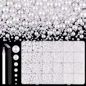 13000Pcs Flatback Pearls for Crafting (White), Assorted Size 2/3/4/5/6/8/10mm Non Hotfix Half Pearl, Bedazzling Bead for DIY Crafts Clothing Tumblers Mugs Shoes Fabric Embellishment Nail Art Makeup (Large Pack)
